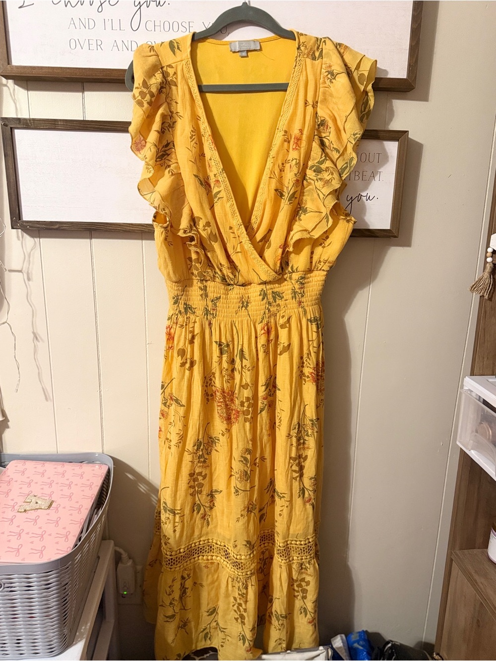 Sunny Yellow Floral Ruffle Maxi Dress with Smocked Waist